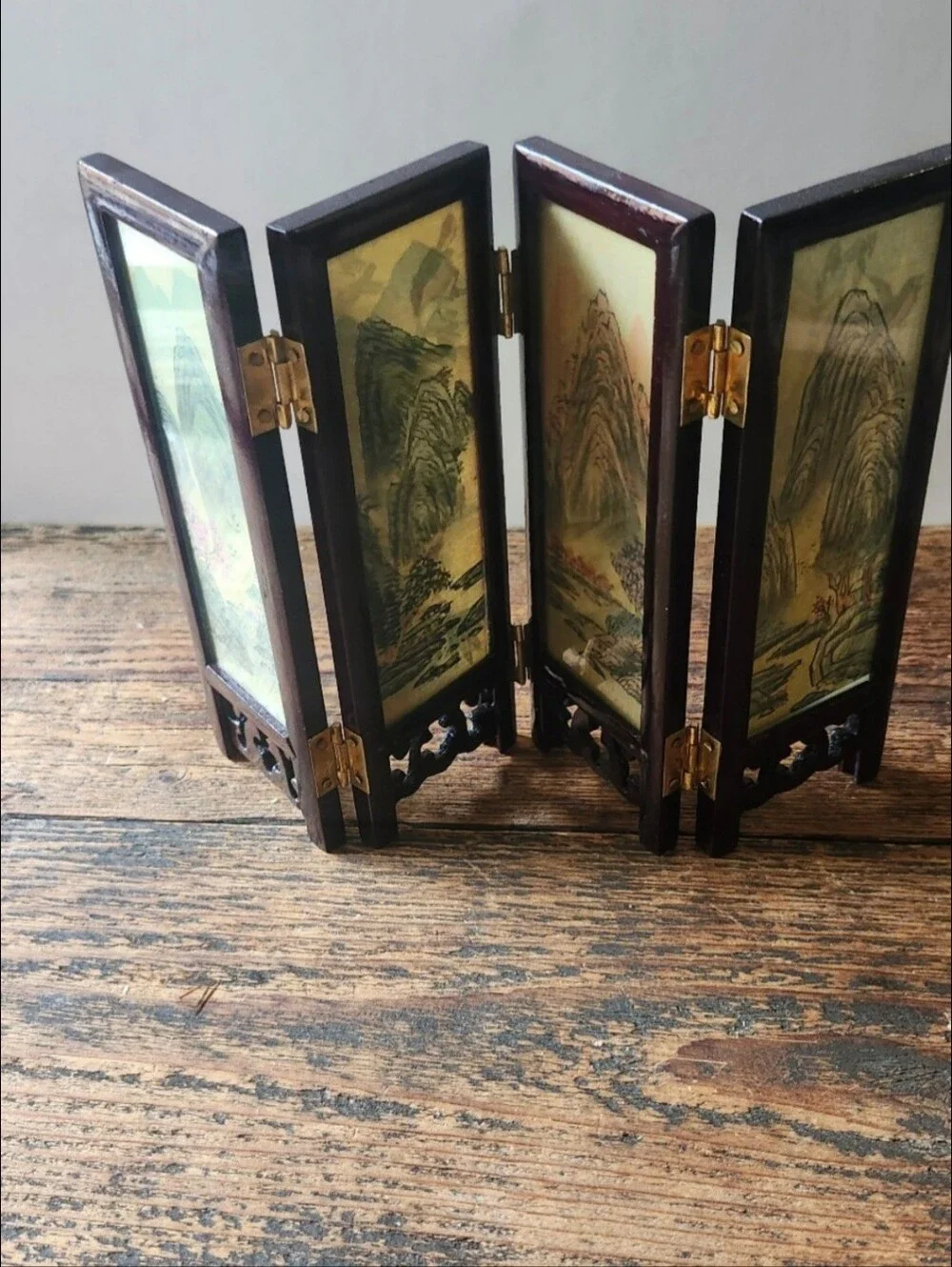 Decorative Four-Panel Mini Folding Screen - Brown with Floral & Bird Panels